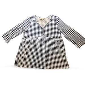 Weekend Suzanne Betro XL Blue Gingham Babydoll Top 3/4 Sleeve Peplum Cotton